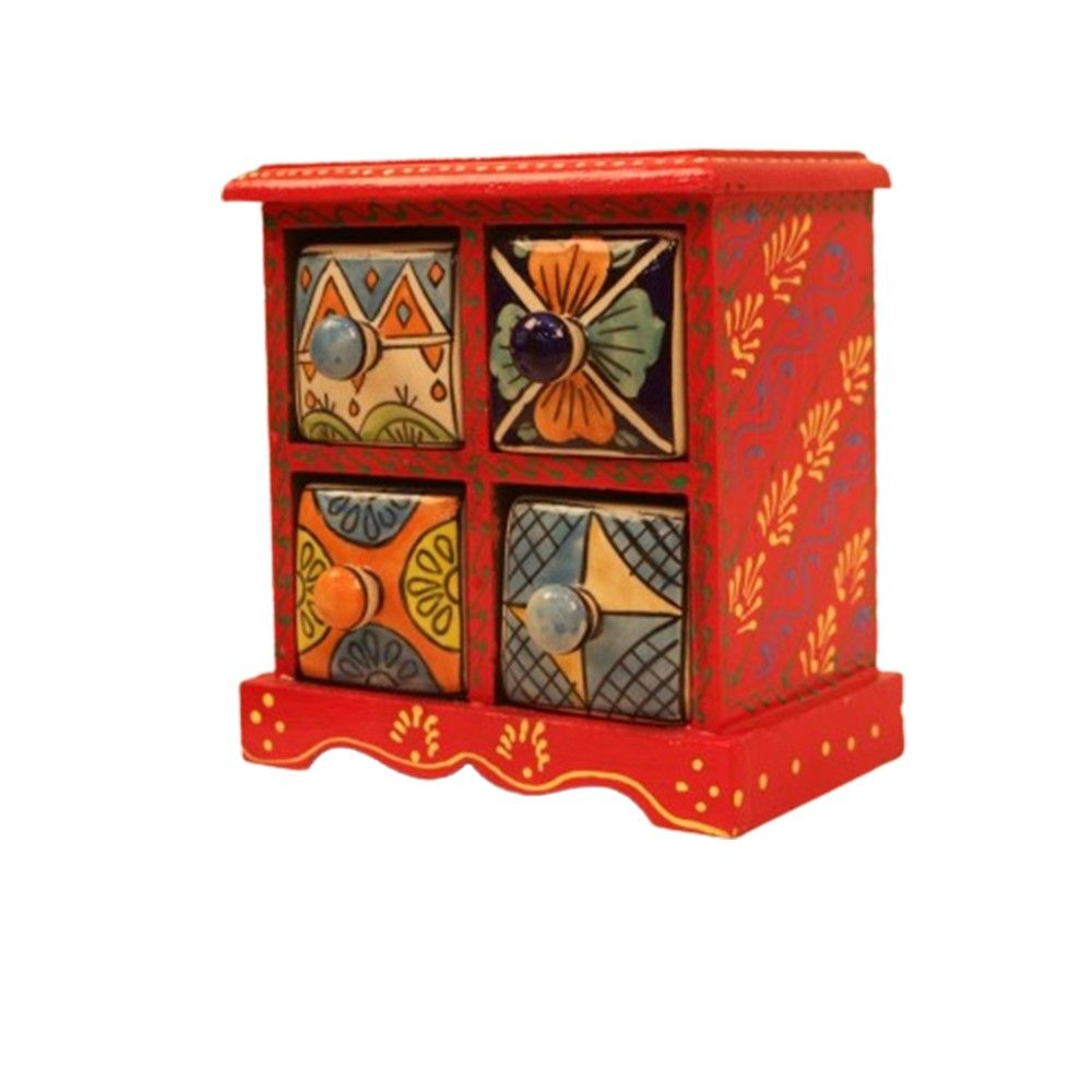 Multicolour Wooden 4 Drawer Jewellery Box Hand Painted Decorative Showpiece